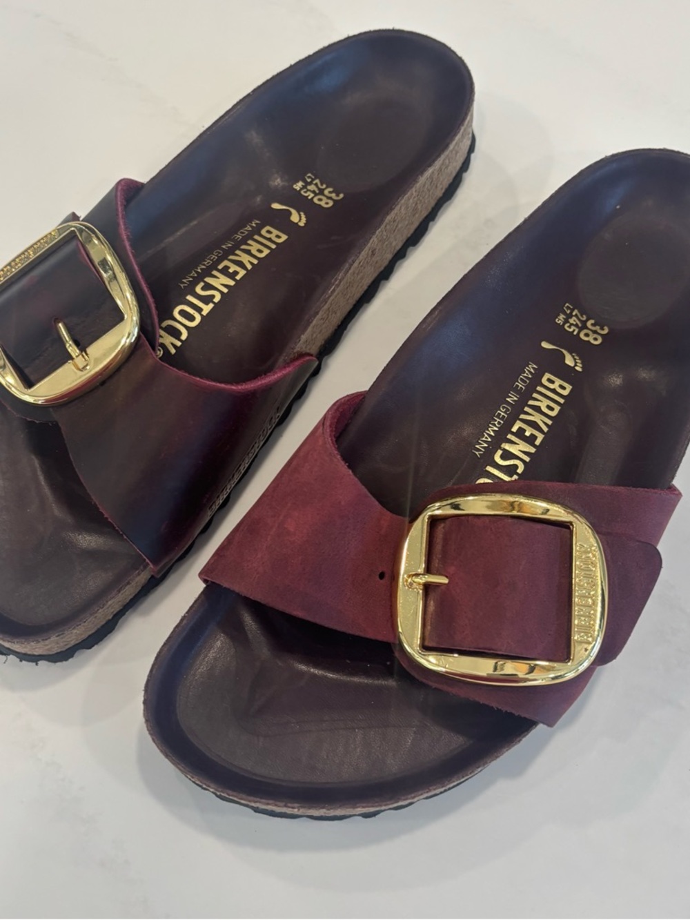 Birkenstock Madrid Big Buckle- Burgundy with Gold Buckle size 38 discolored!!